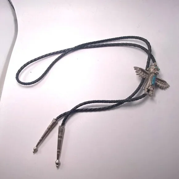 Vintage Thunderbird Turquoise Silver Tone Kachina Bolo Tie Braided Leather Cord - Picture 2 of 6